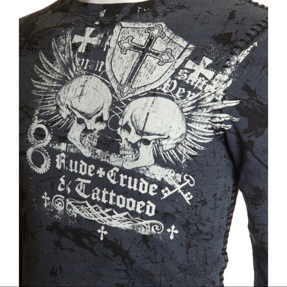 Archaic by Affliction Men's Thermal Shirt CRUDE Skull Biker Charcoal - Picture 6 of 9